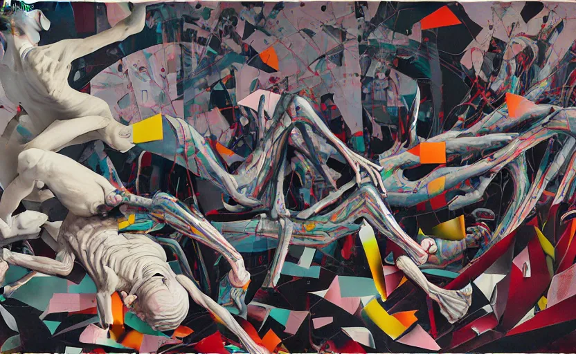 Image similar to decollage painting old man old man struggling in a ruined city full of gigantic spiders by adrian ghenie and takato yamamoto and edward hopper and mark ryden and tsutomu nihei, part by bridget riley, acrylic pour and splashing paint, very coherent, baroque elements, perfect anatomy, intricate design. pop art.