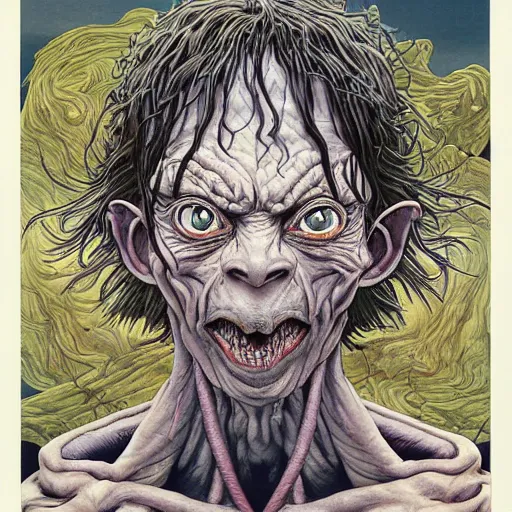 Image similar to portrait of crazy gollum, symmetrical, by yoichi hatakenaka, masamune shirow, josan gonzales and dan mumford, ayami kojima, takato yamamoto, barclay shaw, karol bak, yukito kishiro