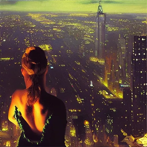 Prompt: “ a girl! looking down at a futuristic new york city below, ghostpunk, detailed face, oil painting, by george bellows ”