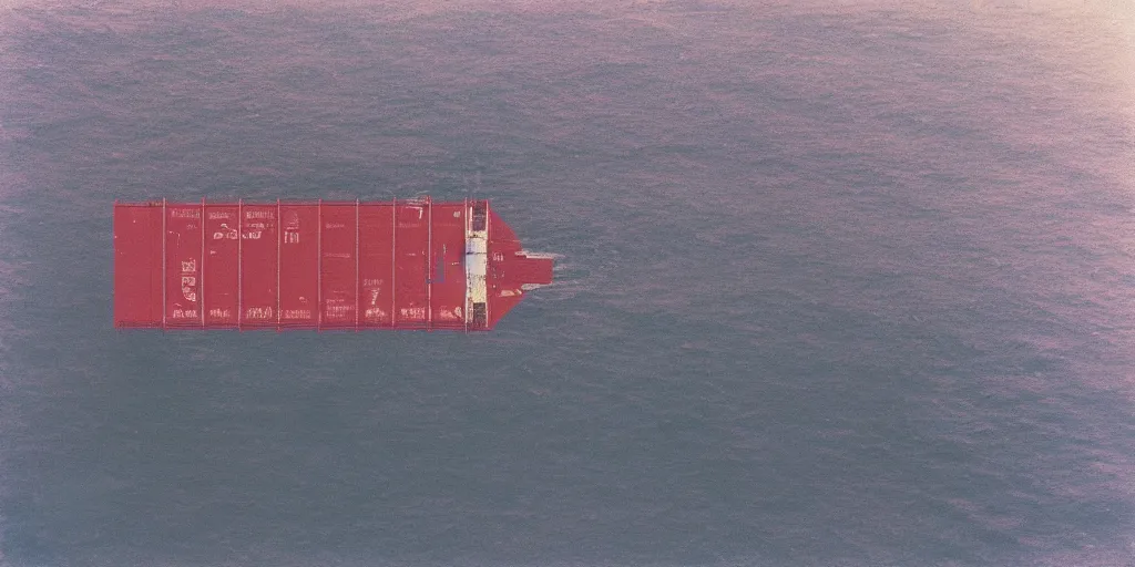 Prompt: analog polaroid photograph of a cargo ship on the ocean, seen directly from above, drone footage, film grain, azure tones, red color bleed