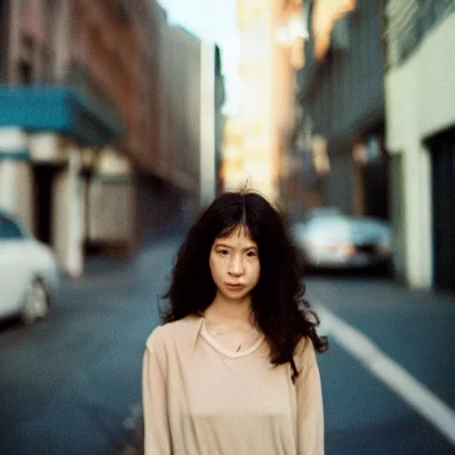 Image similar to portra 800 street photography woman staring into camera but she is a bit blurry because she is moving