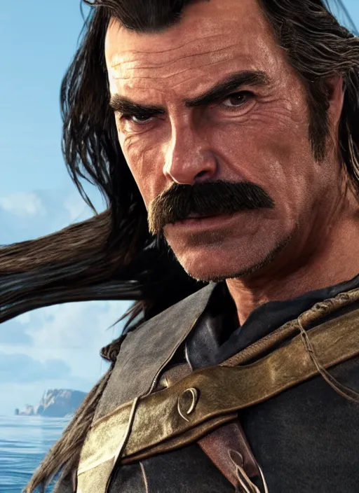 Prompt: film still of tom selleck as edward kenway in assassin's creed black flag, gameplay, 8 k, hd