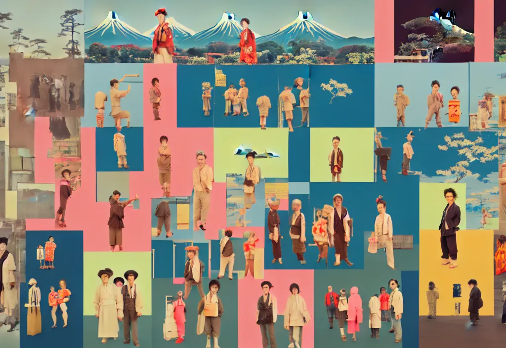 Image similar to full frame, a row of a few european tourists standing with a variety of poses and props, [ several ] character designs, ( rural japan ) a collage painting, in the style of wes anderson, lola dupre, david hockney, [ isolated on negative white space background ] dark monochrome neon spraypaint accents volumetric octane render