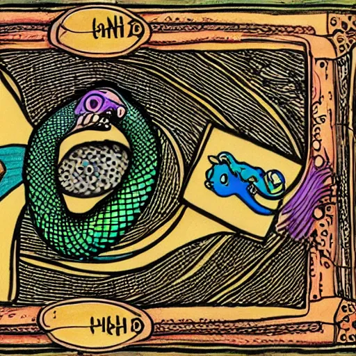 Image similar to a snake biting itself in the center of a tarot card, drawing style, intricate details in the frames, 4k, high quality render.