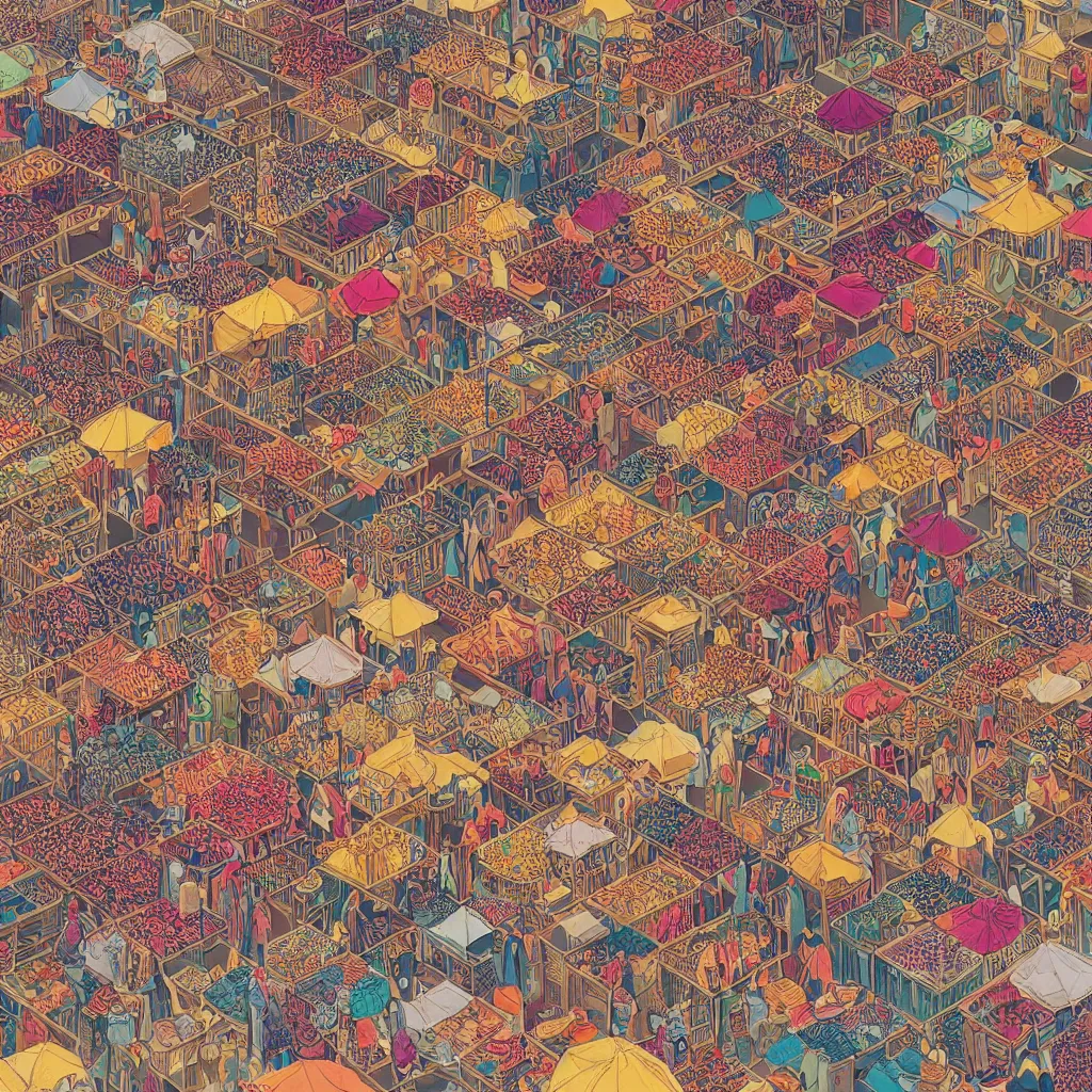 Image similar to isometric view illustration of a Souk in Marrakesh, highly detailed mid day by Victo Ngai