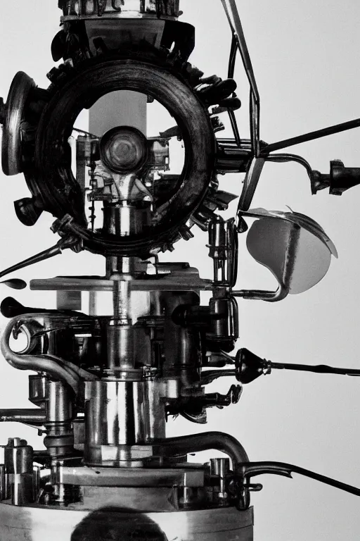 Image similar to a close-up portrait of Marcel Duchamp's industrial chesspiece-building machine in the style of Hito Steyerl and Shinya Tsukamoto and Irving Penn and Robert Frank, minimal contraption