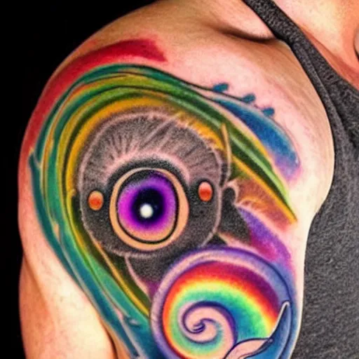 Image similar to shoulder tattoo of a cute bush baby with trippy rainbow spiral eyes and glowing multicolored chakra symbols, meditative, insanely integrate