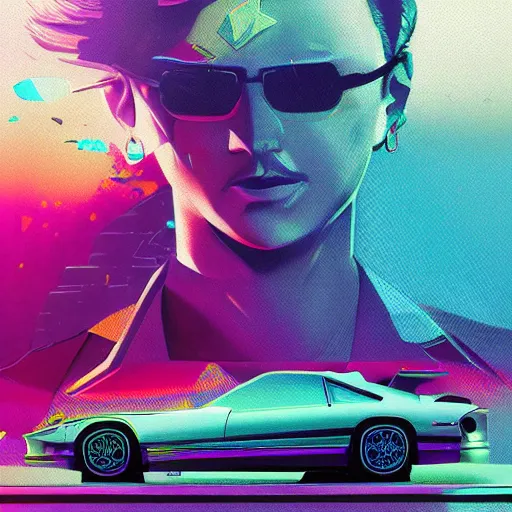 Prompt: vaporwave and retro 80's, car with holographic paint, pearlescent, elegant, digital painting, concept art, smooth, sharp focus, art style from Wang Ke and Greg Rutkowski and Bruce Kaiser and Scott Robertson and Dmitry Mazurkevich and Doruk Erdem and Jon Sibal, small style cue from Cyberpunk 2077