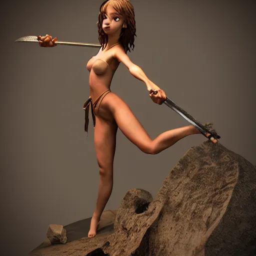 Image similar to highly detailedf figurine, beautiful young woman, slim waist, big bumm, with a sword in her right hand, martial art pose, octane render, bikini, volumetric lights, dramatic, highly detailed, messy, hair