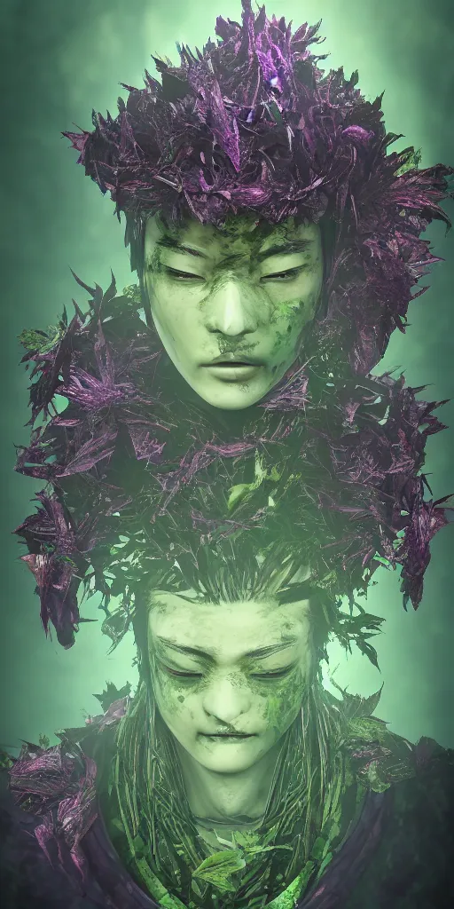 Prompt: an introvert samurai numbed in a highly detailed over dimensional green leaves that are not from this world decaying with black vaines, dark fantasy, photorealism, unreal engine, purple hue