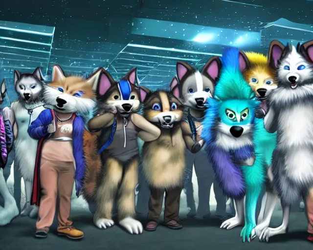 Image similar to high - resolution photograph from a nanopunk era furry fandom convention ( midwest furfest 2 0 4 7 ), taking place after the genetic revolution and singularity. photorealistic.