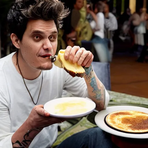 Image similar to john mayer eating a banana creme brule ( dont ask )