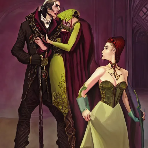 Image similar to Strahd von Zarovich taking Ireena, dramatic, realistic, detailed, wide shot
