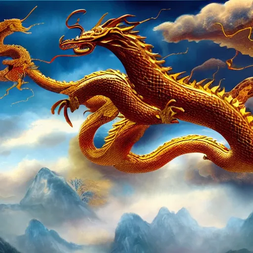 Prompt: a landscape painting of a golden serpent dragon flying over an ancient chinese forest, chinese dragon, intimidating clouds, ultrawide angle, depth of field, in a baroque style, 4 k, artstation