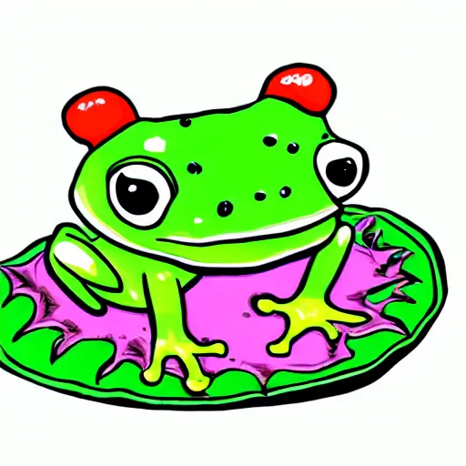 Prompt: a cute green cartoon frog who is counting his giant heavy gold coins on his lily pad, the frog is not noticing he is sinking, kawaii chibi drawing, white background