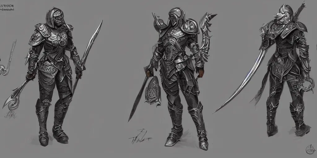 Prompt: concept art character sheet, warrior in armour, trending on artstation, intricate high - details