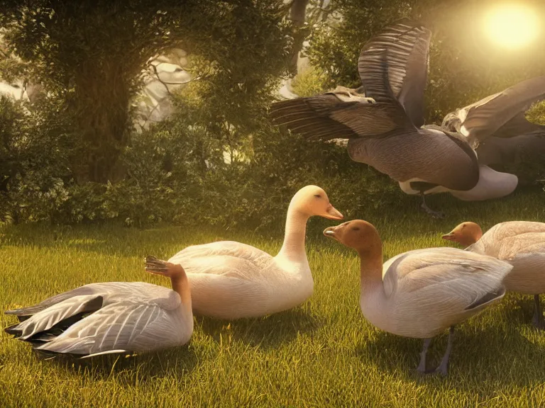 Prompt: geese dreaming of a better life, where no one will harm them, where love conquers all, 8 k, ultra realistic, lens flare, atmosphere, glow, detailed, intricate, full of colour, cinematic lighting, trending on artstation, 4 k, hyperrealistic, focused, extreme details, unreal engine 5, cinematic, masterpiece