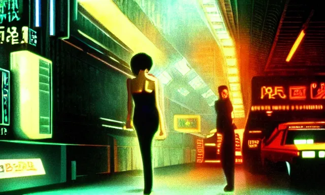 Image similar to full - color cinematic movie still from the 1 9 8 2 anime - adaptation of blade runner. science - fiction ; action ; neon ; gritty ; dystopian ; detective mystery.