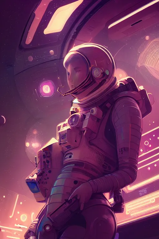 Image similar to portrait armored astronaut girl, inside spaceship command room viewing galaxy, ssci-fi neon light and fantasy, intricate and very very beautiful and elegant, highly detailed, digital painting, artstation, concept art, smooth and sharp focus, illustration, art by tian zi and WLOP and alphonse mucha