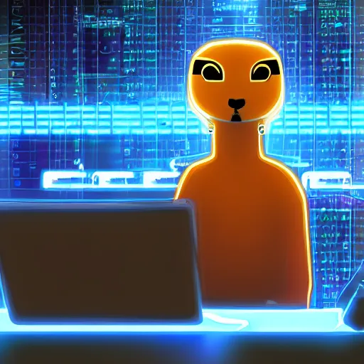 Image similar to prairie dog!! hacker in a blue-lit room surrounded by computers, cyberpunk, highly detailed, trending on pixiv