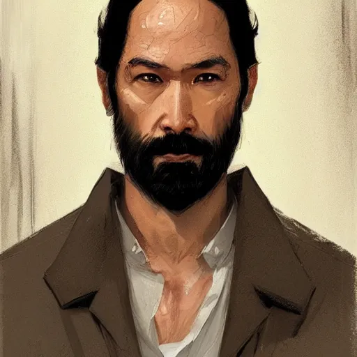 Prompt: portrait of a man by greg rutkowski, he is about 4 0 years old, mixture between vietnamese, persian and texan, receding hairline, beard, very tall and slender, he is wearing a utilitarian jumpsuit, highly detailed portrait, digital painting, artstation, concept art, smooth, sharp foccus ilustration, artstation hq