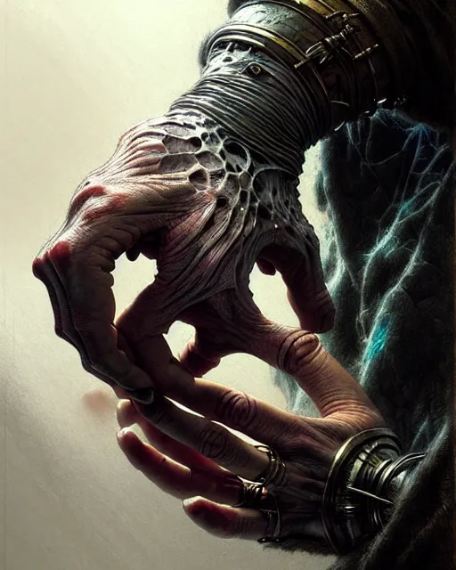 Image similar to human hand anatomy for artists fantasy character portrait, ultra realistic, cinematic, concept art, wide angle, intricate details, hologram, highly detailed by greg rutkowski, aaron horkey, gaston bussiere, craig mullins, simon bisley, arthur rackham