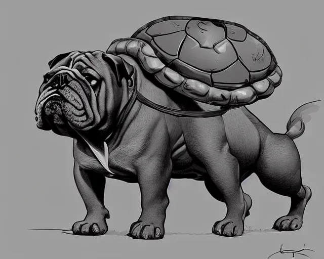 Image similar to cell shaded cartoon of a realistic bulldog with a turtle shell, concept art by josan gonzales and wlop, by james jean, victo ngai, david rubin, mike mignola, deviantart, art by artgem