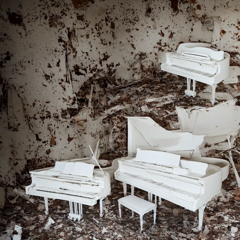 Image similar to White grand piano with damaged keys in an abandoned mansion