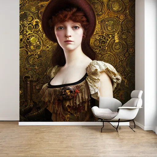 Prompt: a beautiful steampunk victorian girl child in front of a gustav klimt wallpaper by android jones, detailed matte painting, 8k resolution