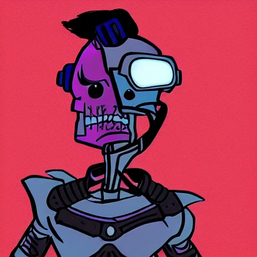 Prompt: a cyberpunk skull character drawn by genndy tartakovsky in the style of samurai jack