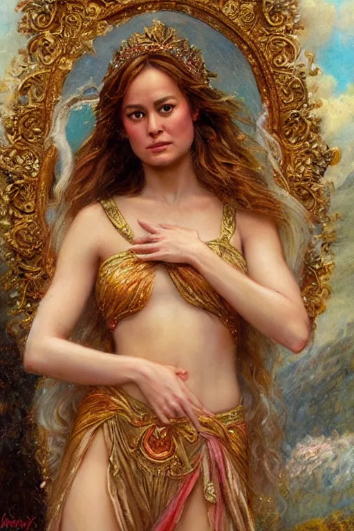 Image similar to portrait of brie larson as the goddess aphrodite. art by gaston bussiere.