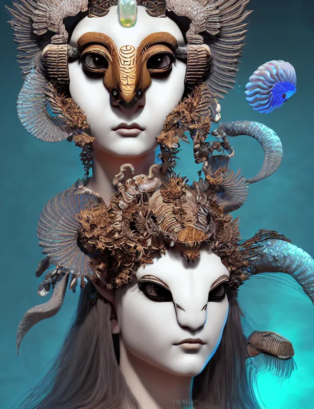 Image similar to 3 d goddess close - up 3 / 4 portrait with ram skull. beautiful intricately detailed japanese crow kitsune mask and clasical japanese kimono. betta fish, jellyfish phoenix, bio luminescent, plasma, ice, water, wind, creature, artwork by tooth wu and wlop and beeple and greg rutkowski