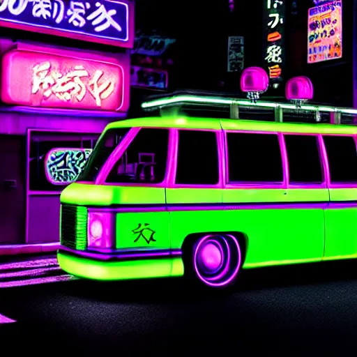 Image similar to The Mystery Machine, shibuya prefecture, night mist neon lights, cinematic color, photorealistic, highly detailed wheels, highly detailed