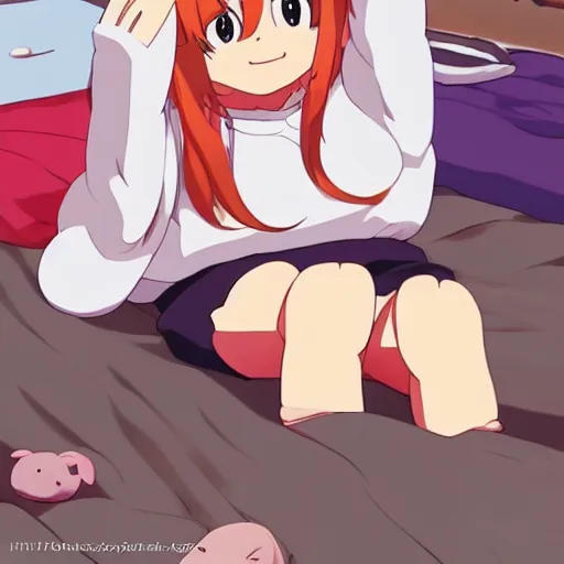 Image similar to Himouto! Umaru-chan anime girl sitting up in bed waking up and stretching adorable cute