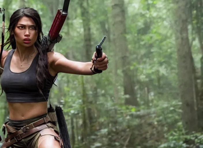 Image similar to film still of!!!! amber midthunder!!! as lara croft in new tomb raider movie, 8 k