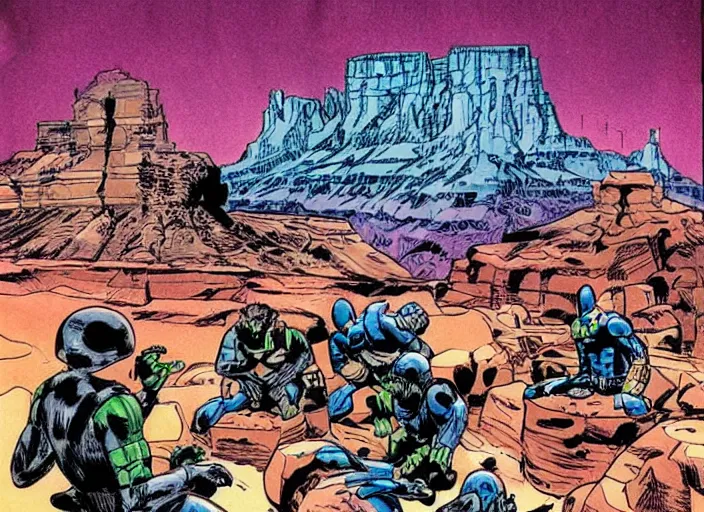 Image similar to comic book drawing of aliens building a base at the grand canyon by jack kirby!!! and simon bisley, epic, awesome bright color palette, hard contrast, black ink outlines