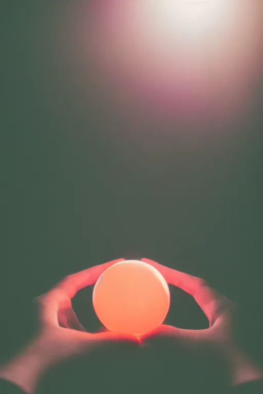 Image similar to agfa vista 4 0 0 photograph of a guy holding a glowing ball of magic, back view, synth vibe, vaporwave colors, lens flare, moody lighting, moody vibe, telephoto, 9 0 s vibe, blurry background, grain, tranquil, calm, faded!,