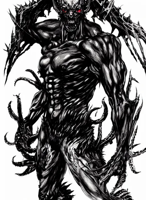 Prompt: A full body portrait of a scary demon with thousand eyes all over the body. In style of Yoji Shinkawa and Hyung-tae Kim, trending on ArtStation, dark fantasy, great composition, concept art, highly detailed.