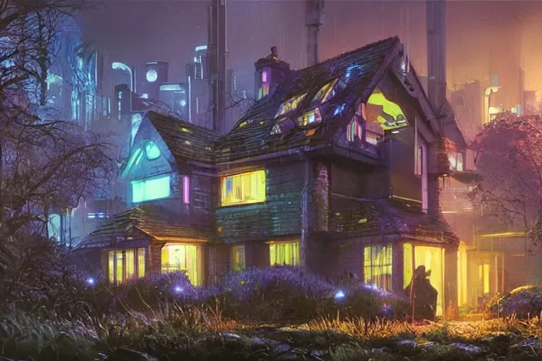 Prompt: an estate agent listing photo for a 5 bedroom detached cyberpunk house in the UK, by Paul Lehr