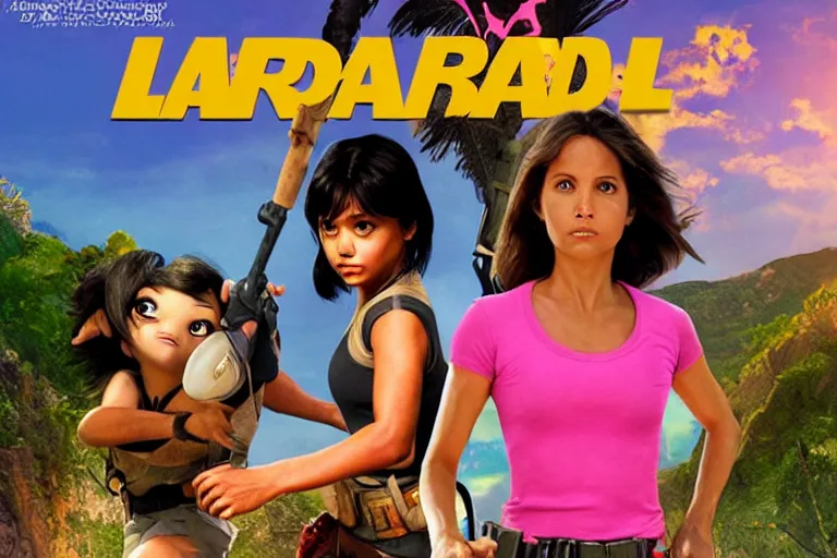 Image similar to Isabela Merced as Dora the Explorer vs Angelina Jolie as Lara Croft, movie poster, film by Michael Bay, dora pink shirt, lara white shirt