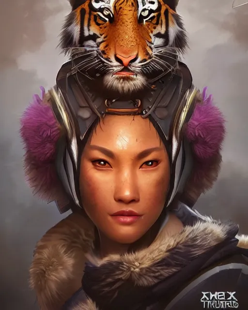 Image similar to The Tiger Queen as an Apex Legends character digital illustration portrait design by, Mark Brooks detailed, soft lighting