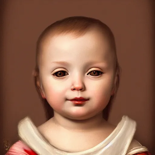 Image similar to Renaissance portrait of a holy catholic baby, trending on art station, 4k UHD, 8k, painting illustration, realistic lighting, high detail