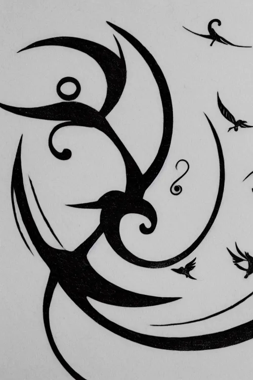 Image similar to a simple tattoo design of birds flying in a 3 spiral, black ink, logo