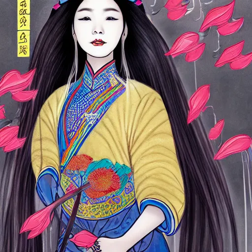 Prompt: A comic book style portrait painting of a gorgeous sword dance Chinese costume woman , long hair, smoke, feathers flying, flowers rain everywhere, full body XIANXIA, Chinese temple, depth of field, 4k