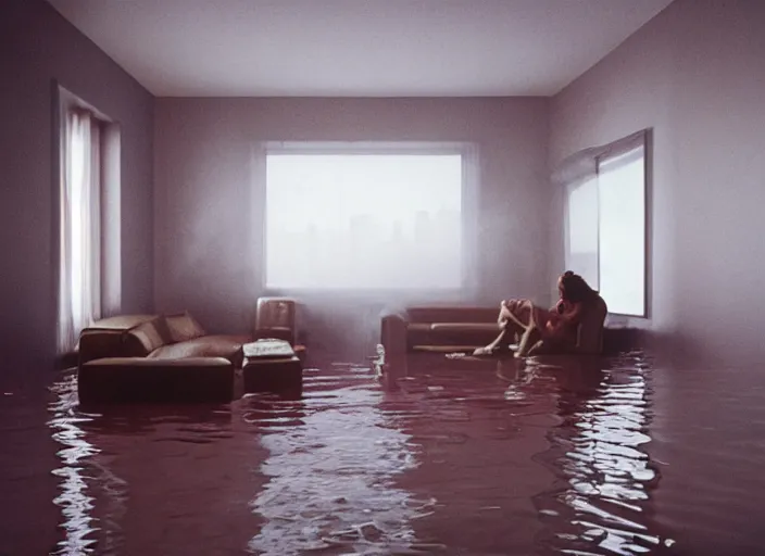 Image similar to kodak portra 4 0 0 photographic and realistic, 8 0 s living room, detailed, octane render, 4 k, hyper realistic, floor flooded, how river, wide angle, 2 8 mm, sharp focus, soft light, volumetric light fog, in the style of gregory crewdson