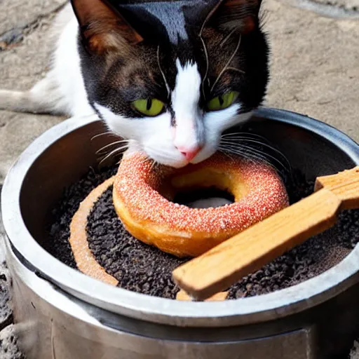 Prompt: a cat cooking a donut in a fire pit