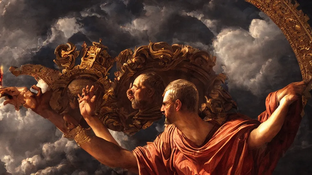 Prompt: a roman emperor using magic to open a void in the sky of roma leading to the universe, insanely detailed painting, chiaroscuro composition, artstation,