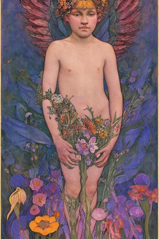 Image similar to the flower prince, by Annie Swynnerton and Nicholas Roerich and Diego Rivera, bioluminescent skin, floral tattoos, wings made out of flowers, elaborate costume, geometric ornament, symbolist, smooth, sharp focus, extremely detailed