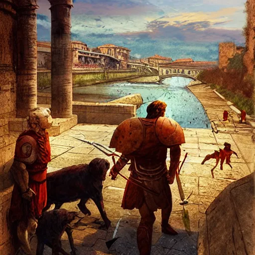 Image similar to Romulus killing Remus with a dagger at the edge of the Tiber River by Marc Simonetti