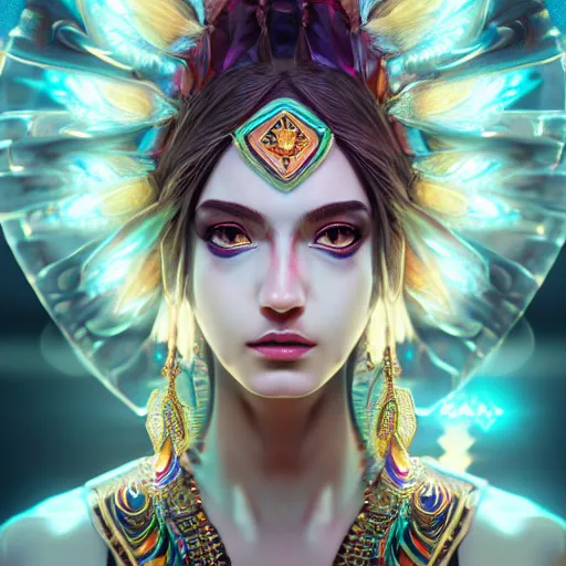 Image similar to portrait highly detailed beautiful symmetrical face high priestess intricate elegant detailed crystal jewellery with tribal feathers, lush colourful volumetric lighting, anime digital painting, concept art, smooth, sharp focus 3 d, divine realm of gods, realistic cinematic style, octane render, photographic, unreal engine 8 k